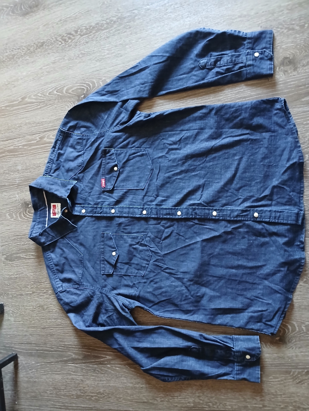 Wrangler Dark Blue Denim Snap-Front Western Shirt Pearlesque Buttons Fall Winter